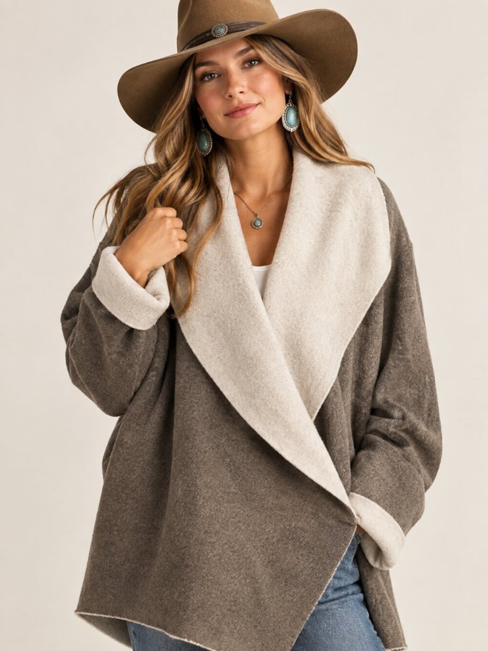 Walter Baker NY Women's Stephanie Hooded Chunky Jacket Tan Cream L Boho NEW